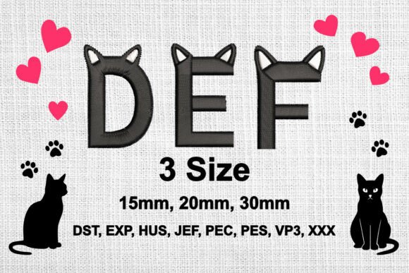 Cat Ears Embroidery Font Alphabet D,E,F: Cute Charm for Craft Fair Sellers