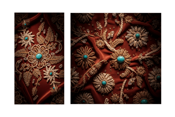Ornate Gold Turquoise Flower Embroidery